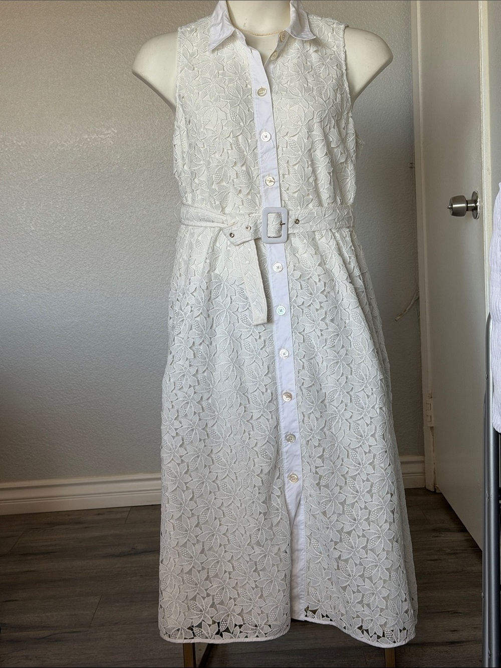 kate spade White Floral Lace Sleeveless Midi Shirt Dress with Belt